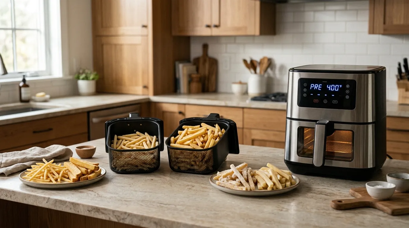 Air fryer frozen fry cooking factors including thickness, basket crowding, wattage, preheating, and frost