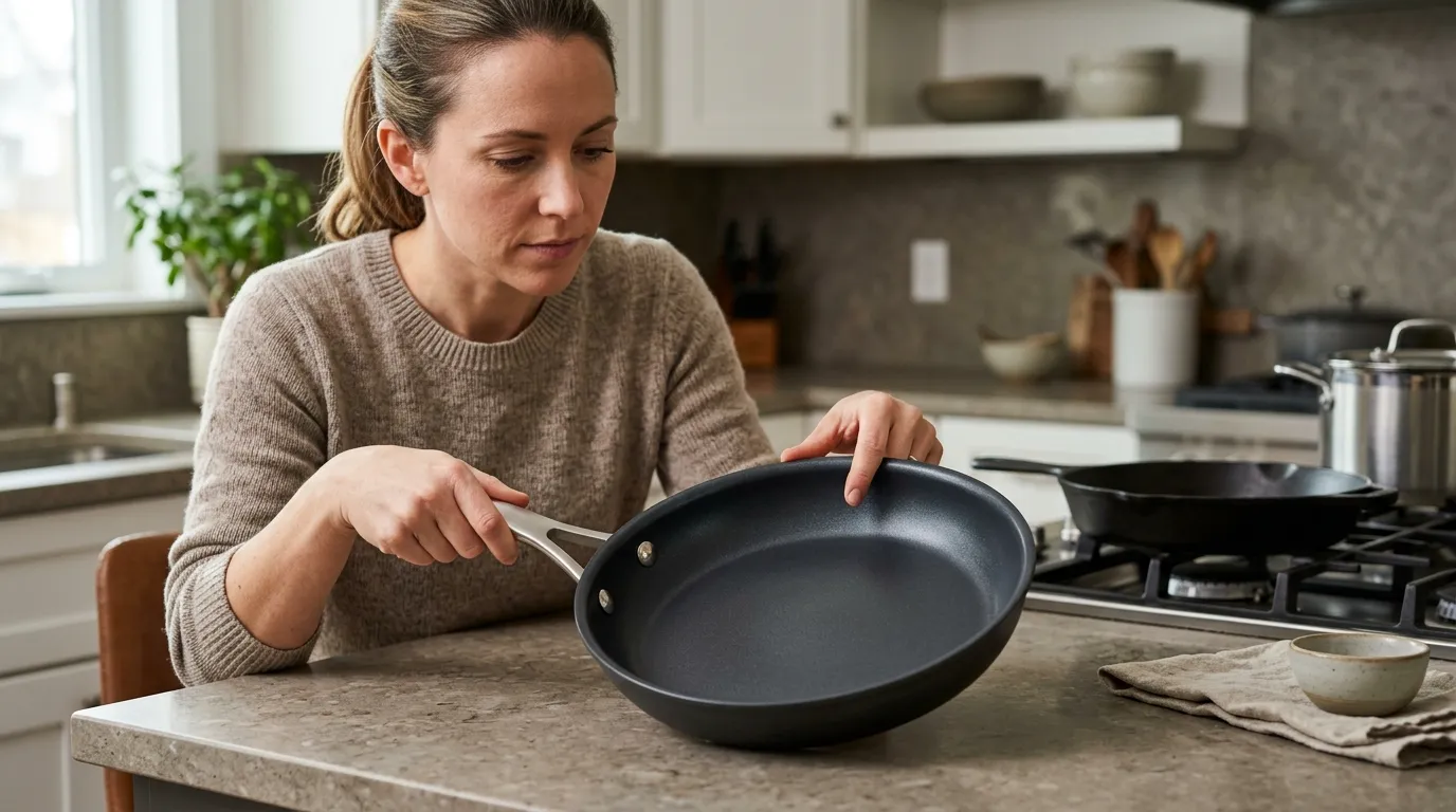 Cook examining the base, handle, rivets, and construction of a nonstick frying pan before buying