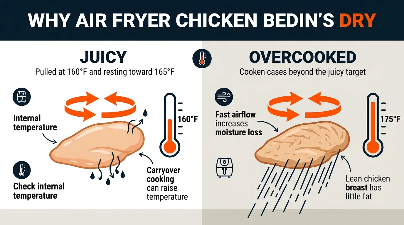 Chicken breast comparison showing moist meat at the correct temperature versus dry overcooked meat