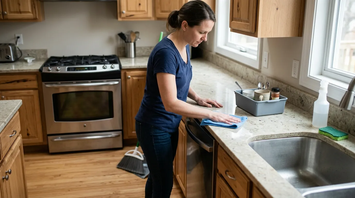 Person cleaning kitchen counters and stove while a small sorting bin keeps clutter organized during a fast reset