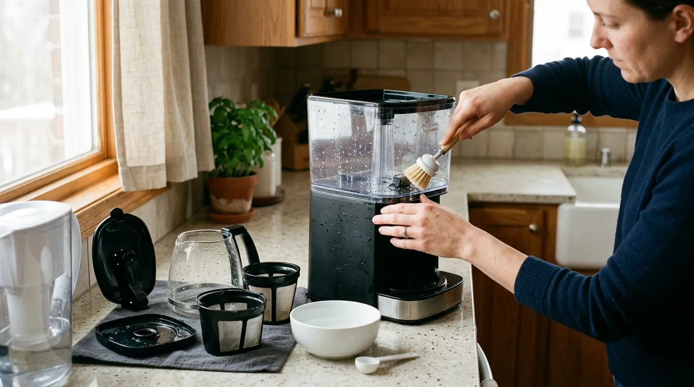 Home coffee maker cleaning routine with washed parts, cleaning brush, filtered water, and descaling setup