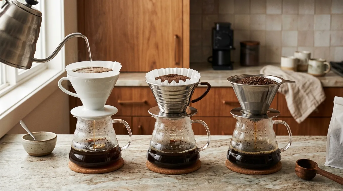 Different drip coffee maker filter shapes and materials paired with appropriate medium-based coffee grind adjustments