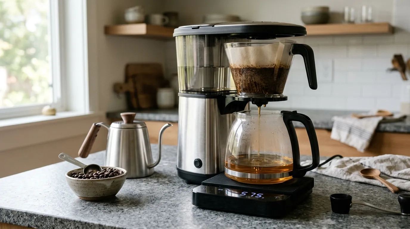 Drip coffee brewing setup with medium ground coffee, paper filter, fresh water, and measured coffee dose