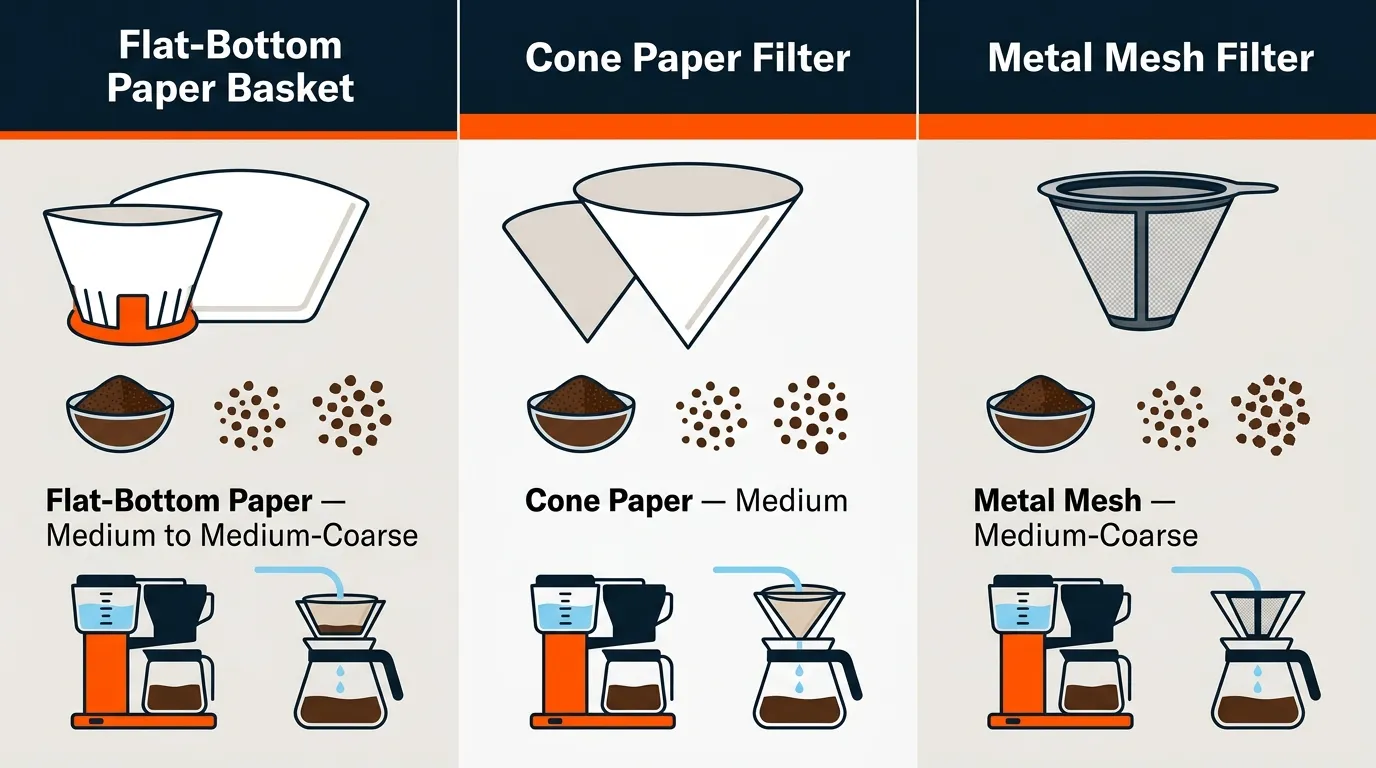 Cone, flat-bottom paper, and metal mesh coffee filters paired with their recommended drip coffee grind textures