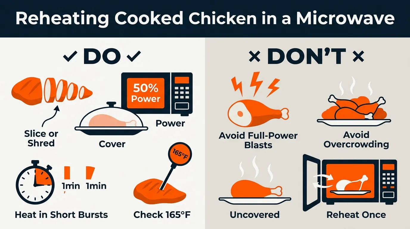 Microwave, air fryer, oven, skillet, and covered pan shown as different options for reheating cooked chicken