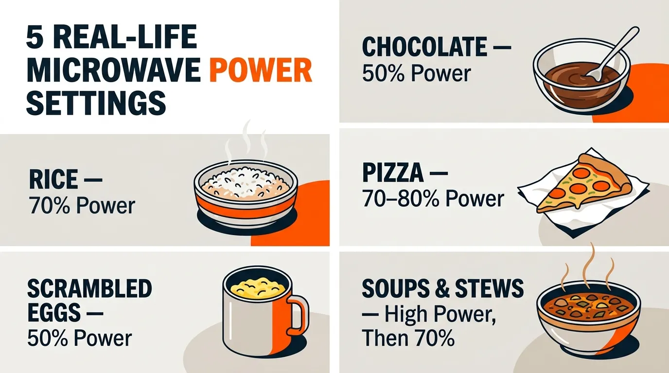Everyday microwave foods paired with different power settings for rice, chocolate, pizza, eggs, and soup