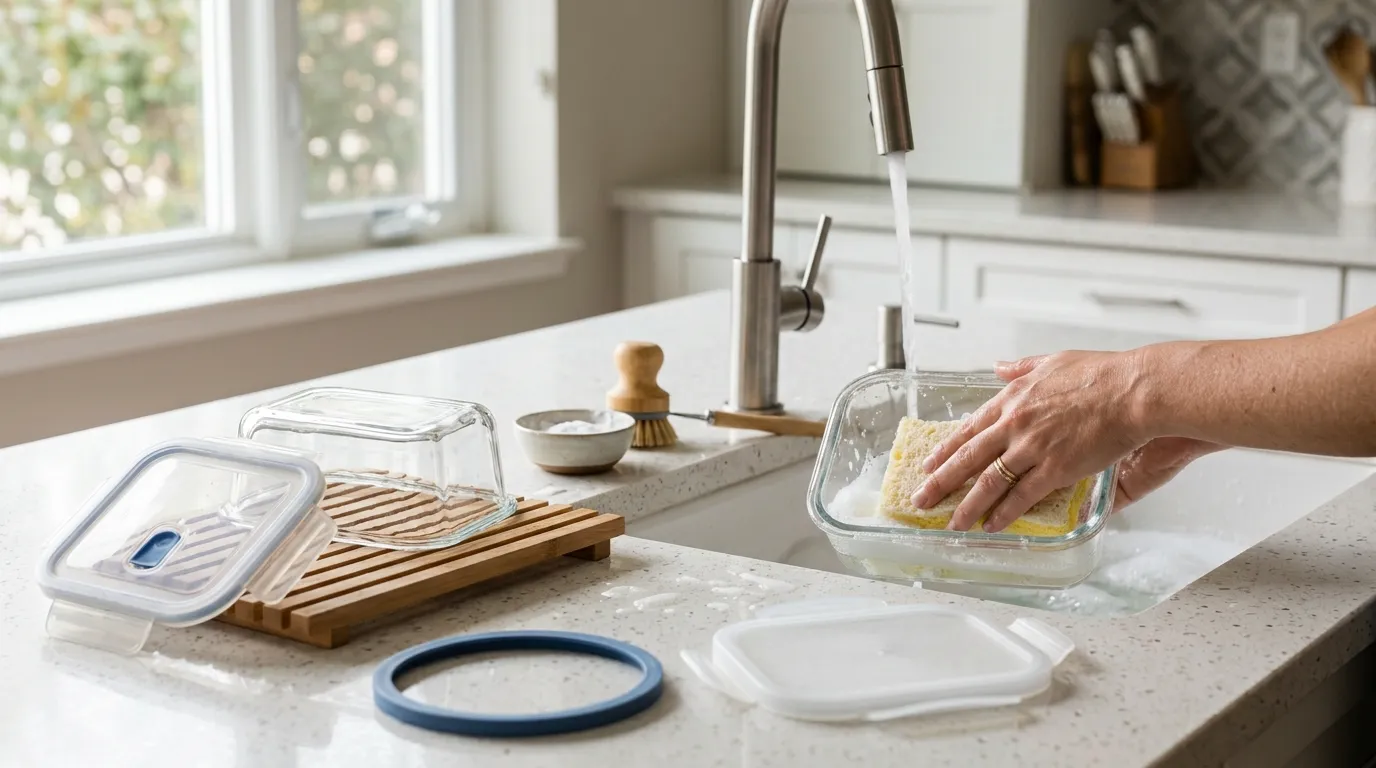 Reusable microwave containers being cleaned with a soft sponge while lids and gaskets are separated for drying