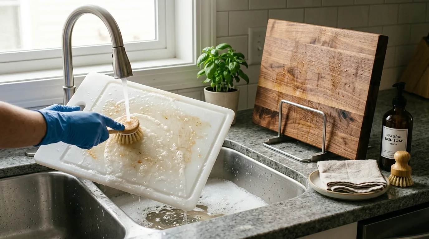 HDPE cutting board being cleaned after raw meat preparation with soap and a separate dry wooden board nearby