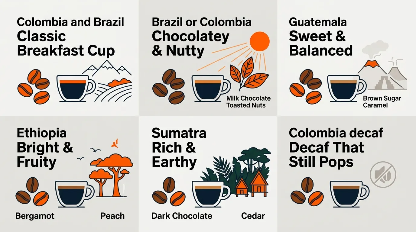 Coffee beans from Colombia, Brazil, Guatemala, Ethiopia, Sumatra, and Colombia decaf matched with different drip coffee flavor profiles