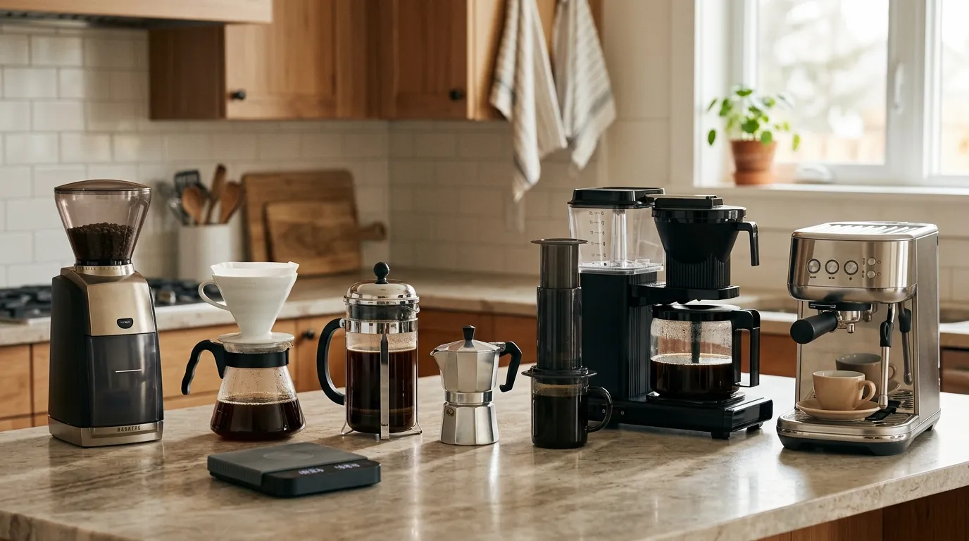 French press, drip coffee maker, pour-over brewer, AeroPress, moka pot, and espresso setup arranged for comparison