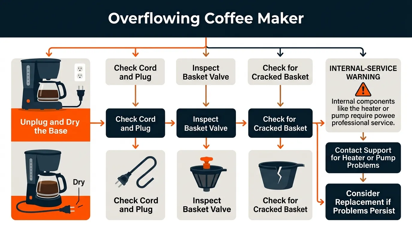 Coffee maker with dry electrical base and inspection of the brew basket, valve, cord, and internal components
