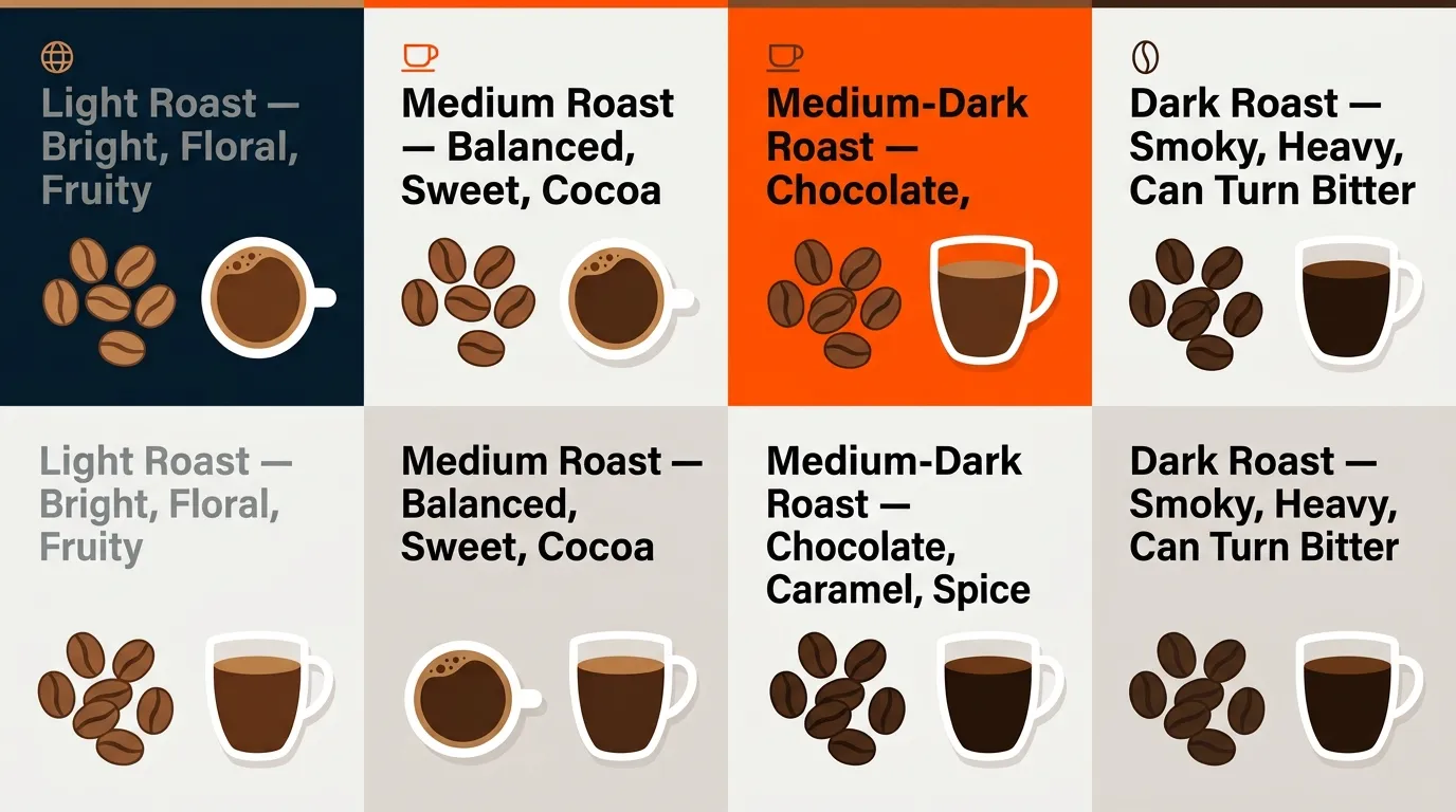 Light, medium, medium-dark, and dark roasted coffee beans compared by roast level and flavor character