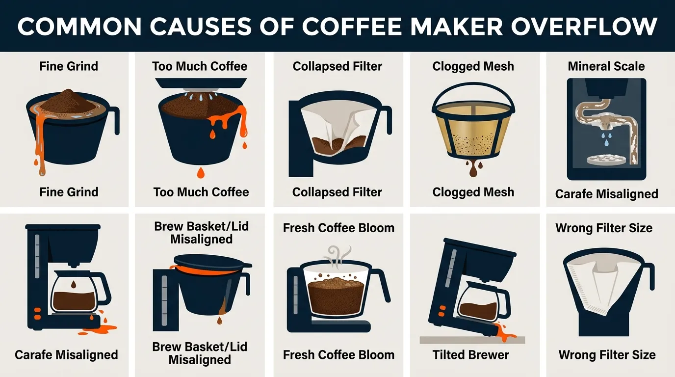 Coffee maker brew basket showing fine grounds, collapsed filter, clogged mesh filter, and misaligned carafe as overflow causes