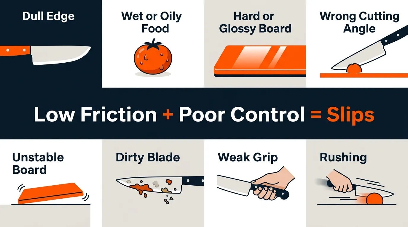 Visual guide showing dull knife, wet food, unstable cutting board, poor grip, and incorrect cutting angle as causes of knife slips