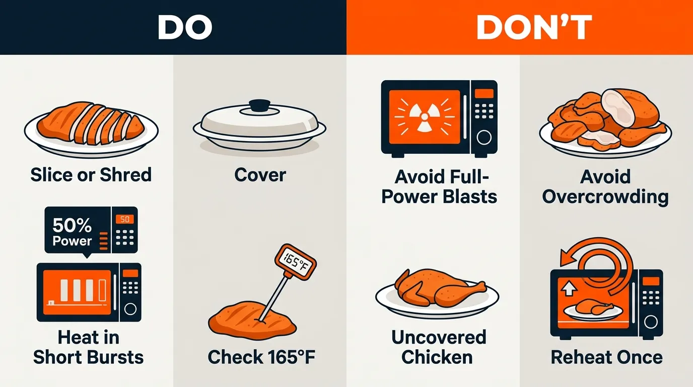 Comparison of properly covered chicken reheating and common mistakes such as full power, overcrowding, and leaving chicken uncovered