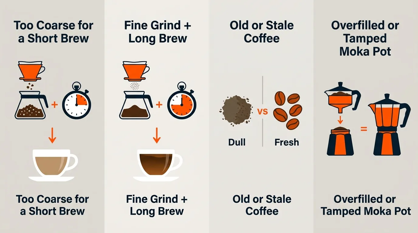 Coffee brewing comparison showing coarse grounds, fine grounds, stale beans, and an overloaded moka pot as common mistakes