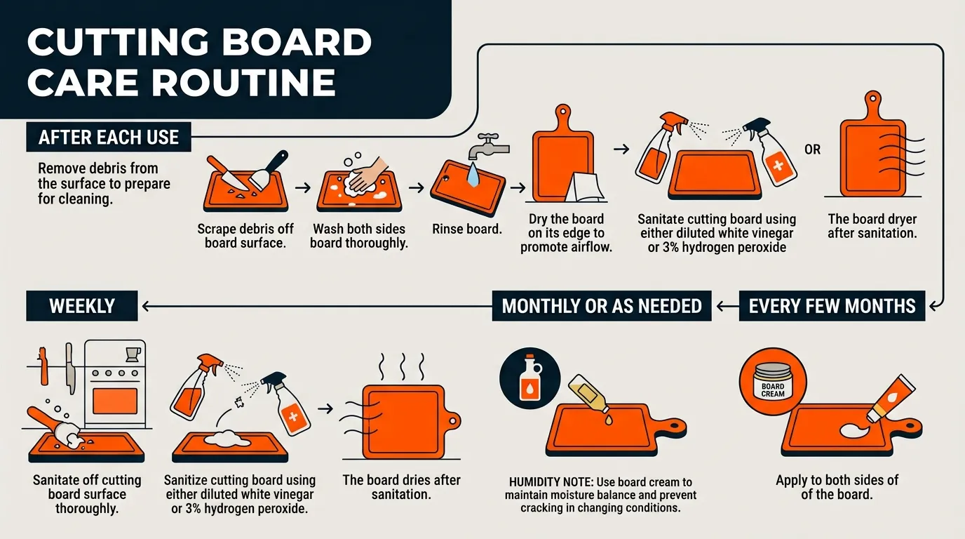 Cutting board maintenance schedule showing daily cleaning weekly sanitizing monthly oiling and periodic board cream care