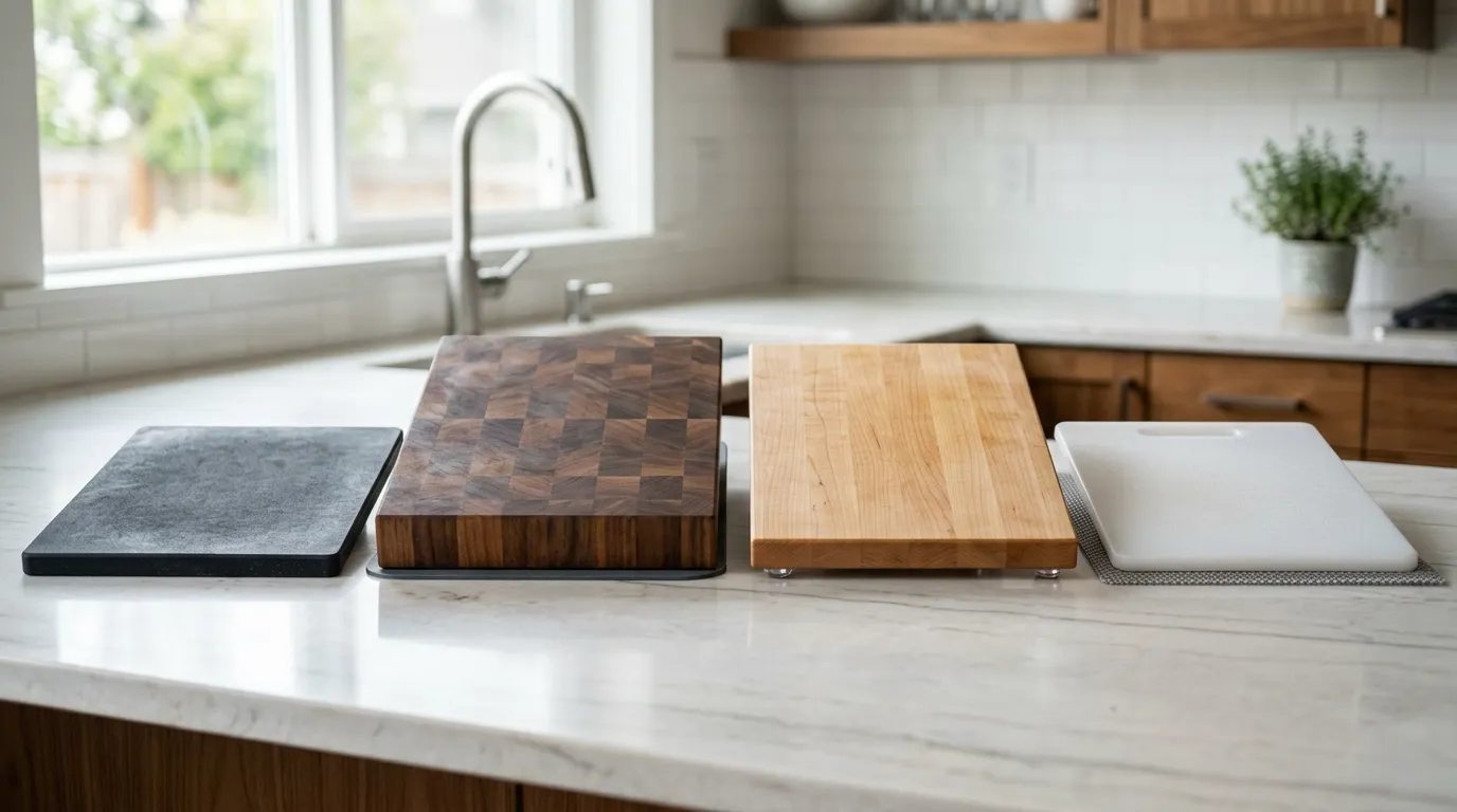 Cutting board stabilization methods matched to granite quartz marble laminate stainless steel and wood surfaces