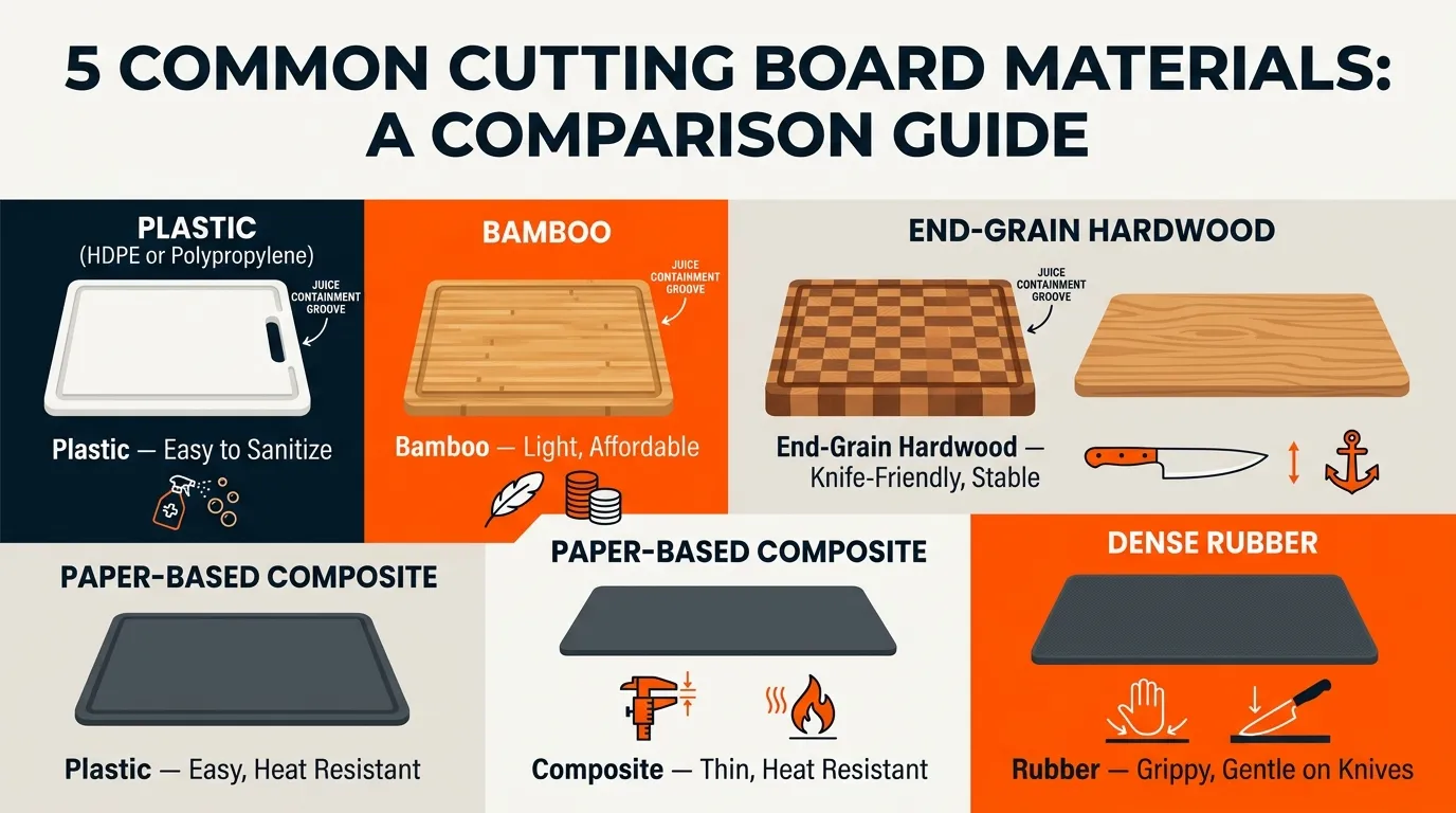 HDPE, bamboo, end-grain wood, composite, and rubber cutting boards compared for juicy food preparation