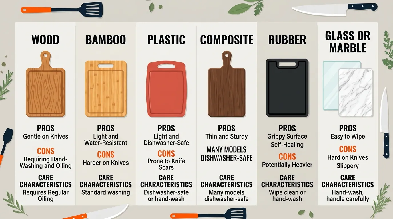Comparison of wood bamboo plastic composite rubber and glass cutting board materials for small kitchens