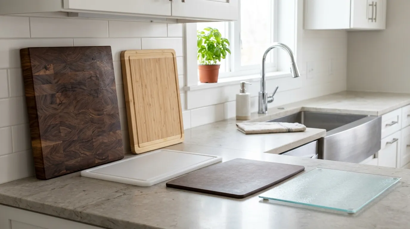 Wood bamboo plastic composite and glass cutting boards shown with their different care considerations