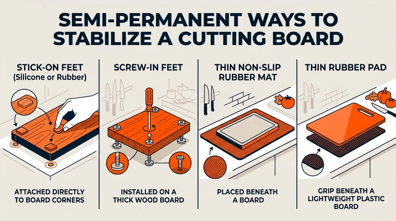 Rubber, end-grain wood, edge-grain wood, and plastic cutting boards shown with different grip solutions