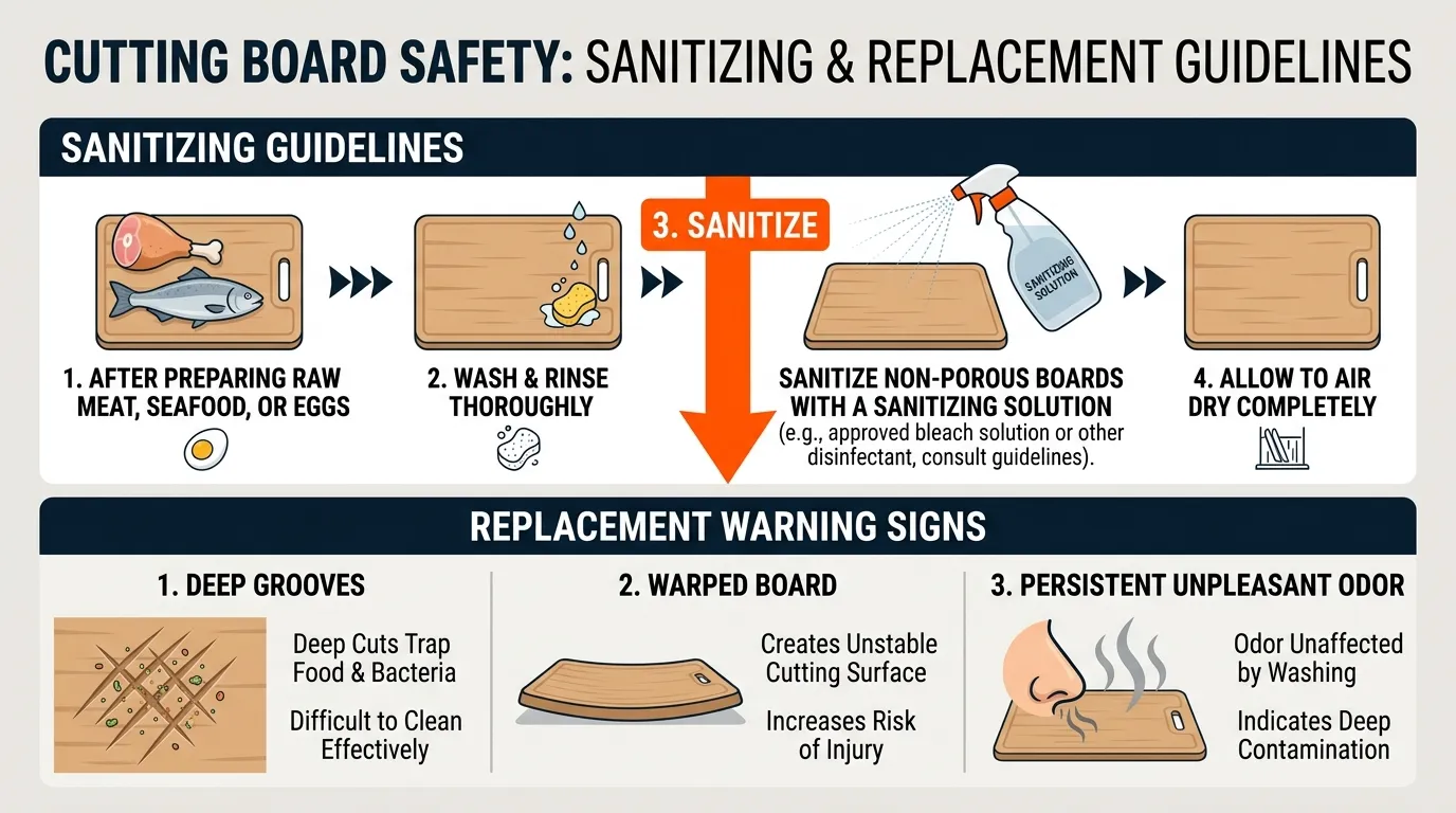 Cutting board safety checklist showing sanitizing after raw foods and signs that a board should be replaced