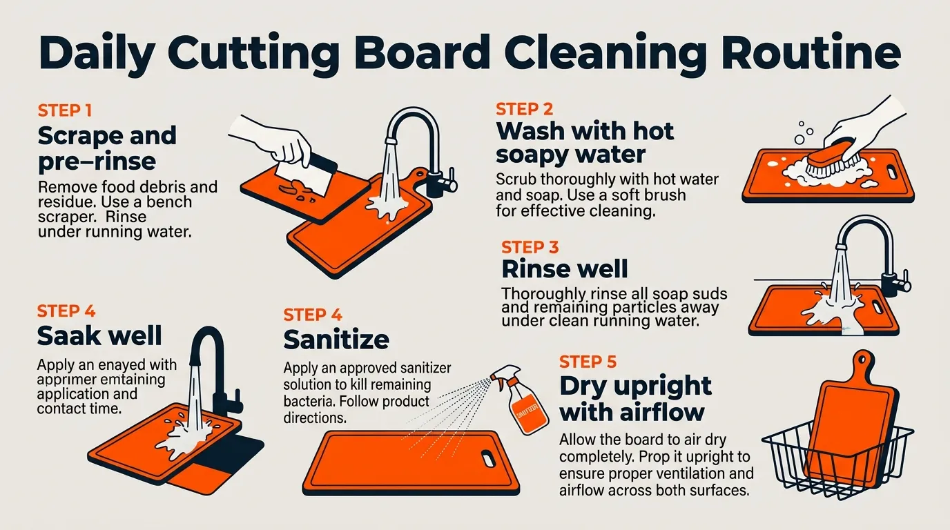 Five-step cutting board cleaning routine showing scraping washing rinsing sanitizing and upright drying
