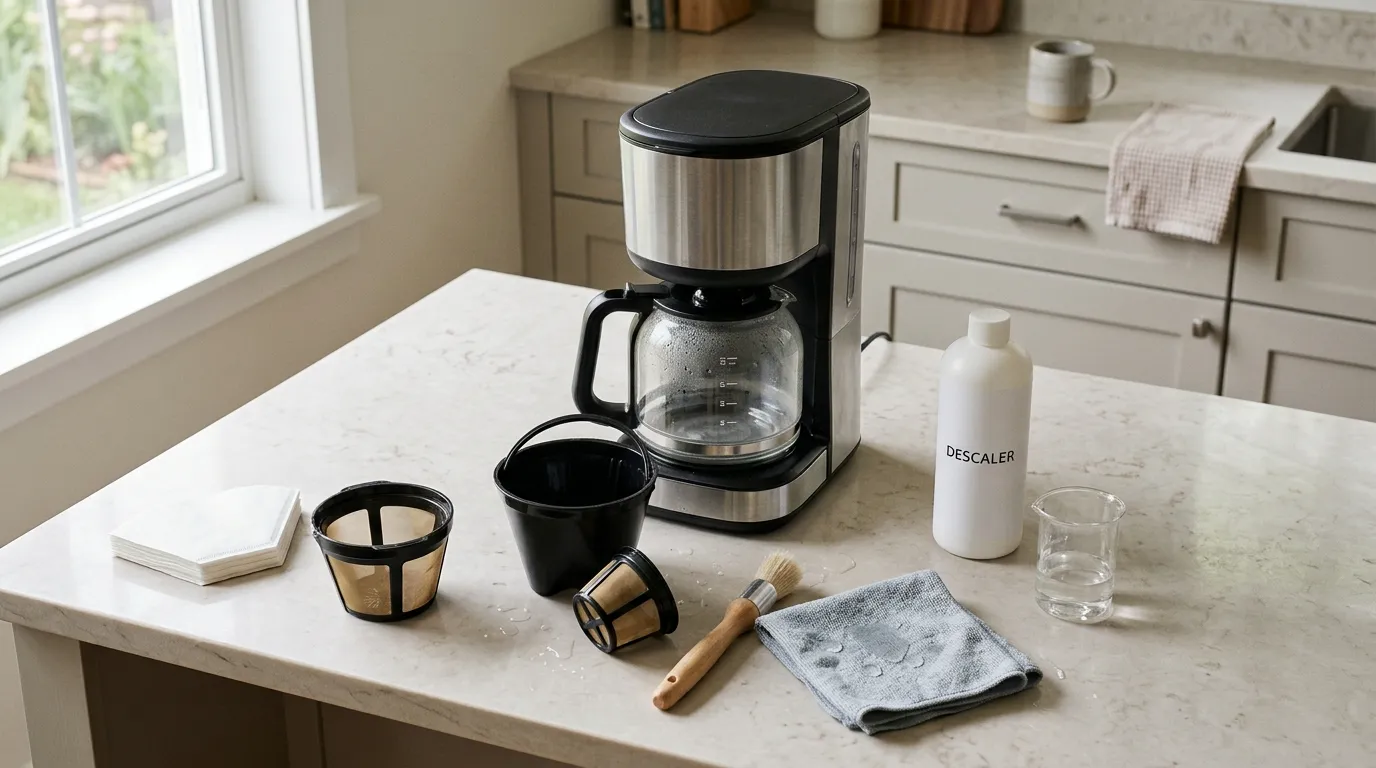 Coffee maker maintenance setup with clean filter basket, drip-stop valve, soft brush, and descaling supplies