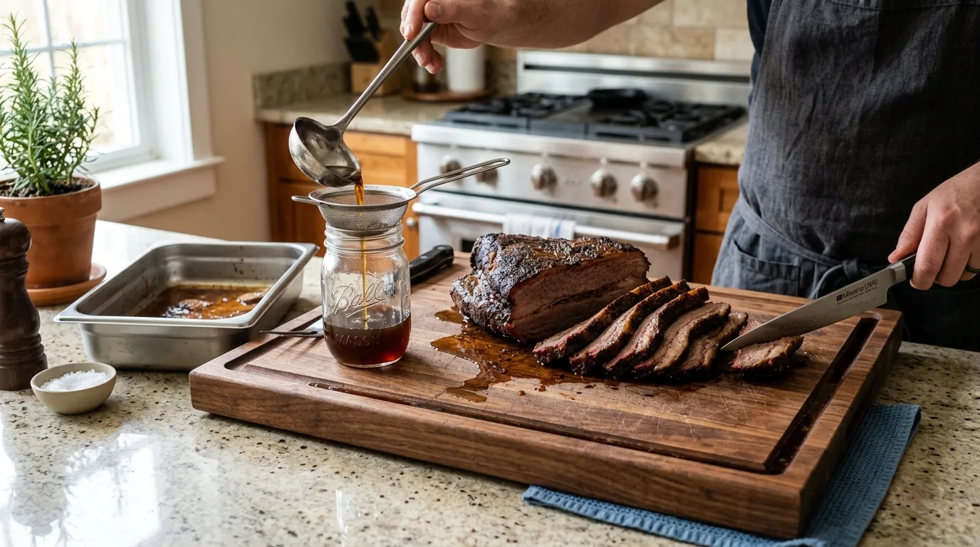 Large cutting board setup with carved meat, juice-catching groove, bowl, and strainer for kitchen workflow
