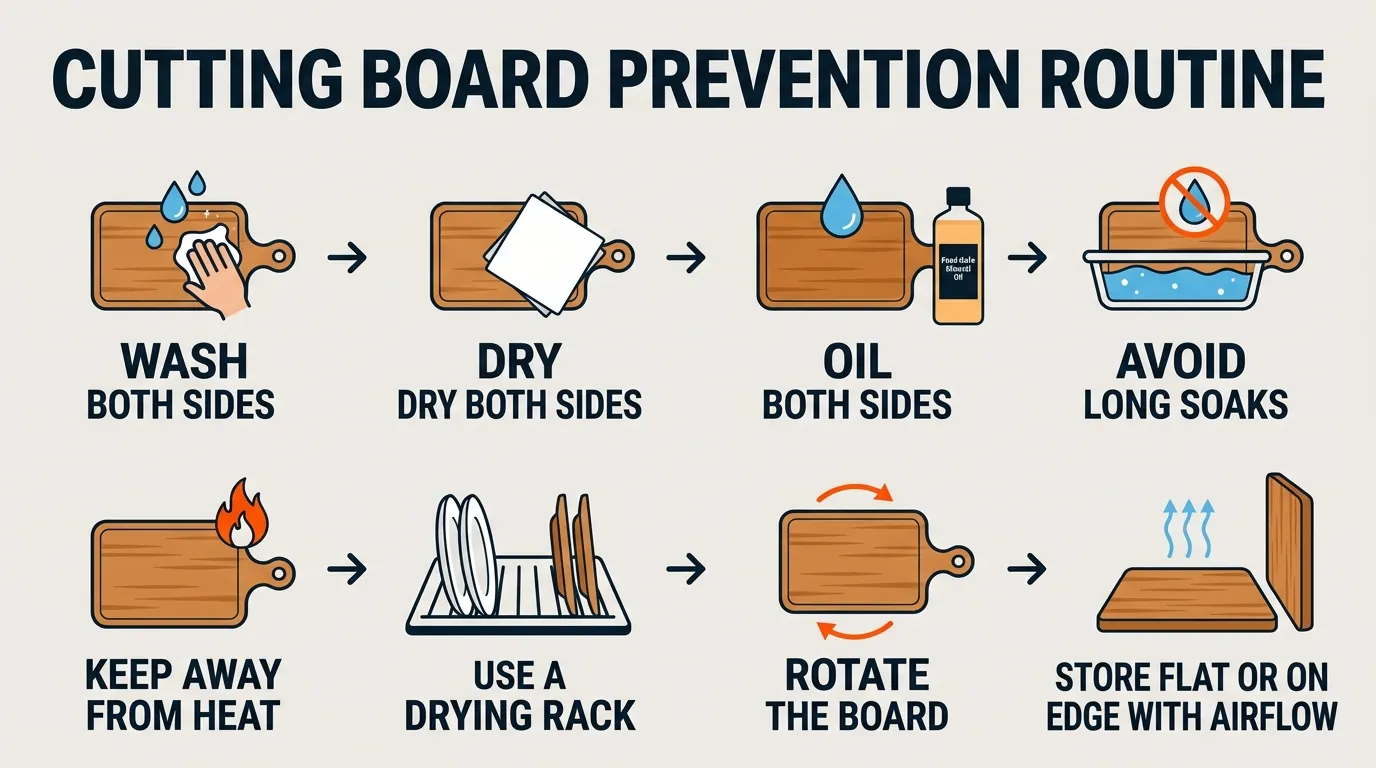 Cutting board care routine showing washing drying oiling rotating and storing both sides evenly
