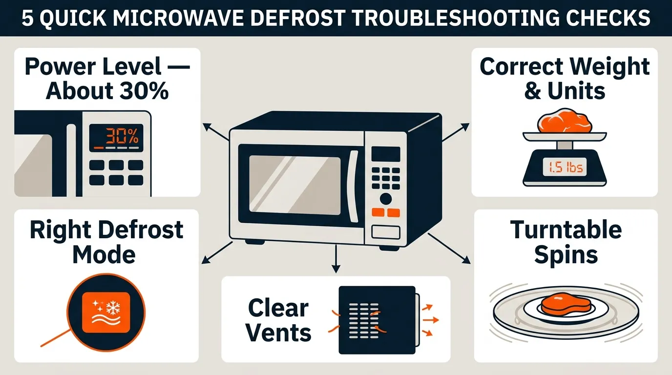 Microwave troubleshooting checks for power level, food weight, defrost mode, ventilation, and turntable movement