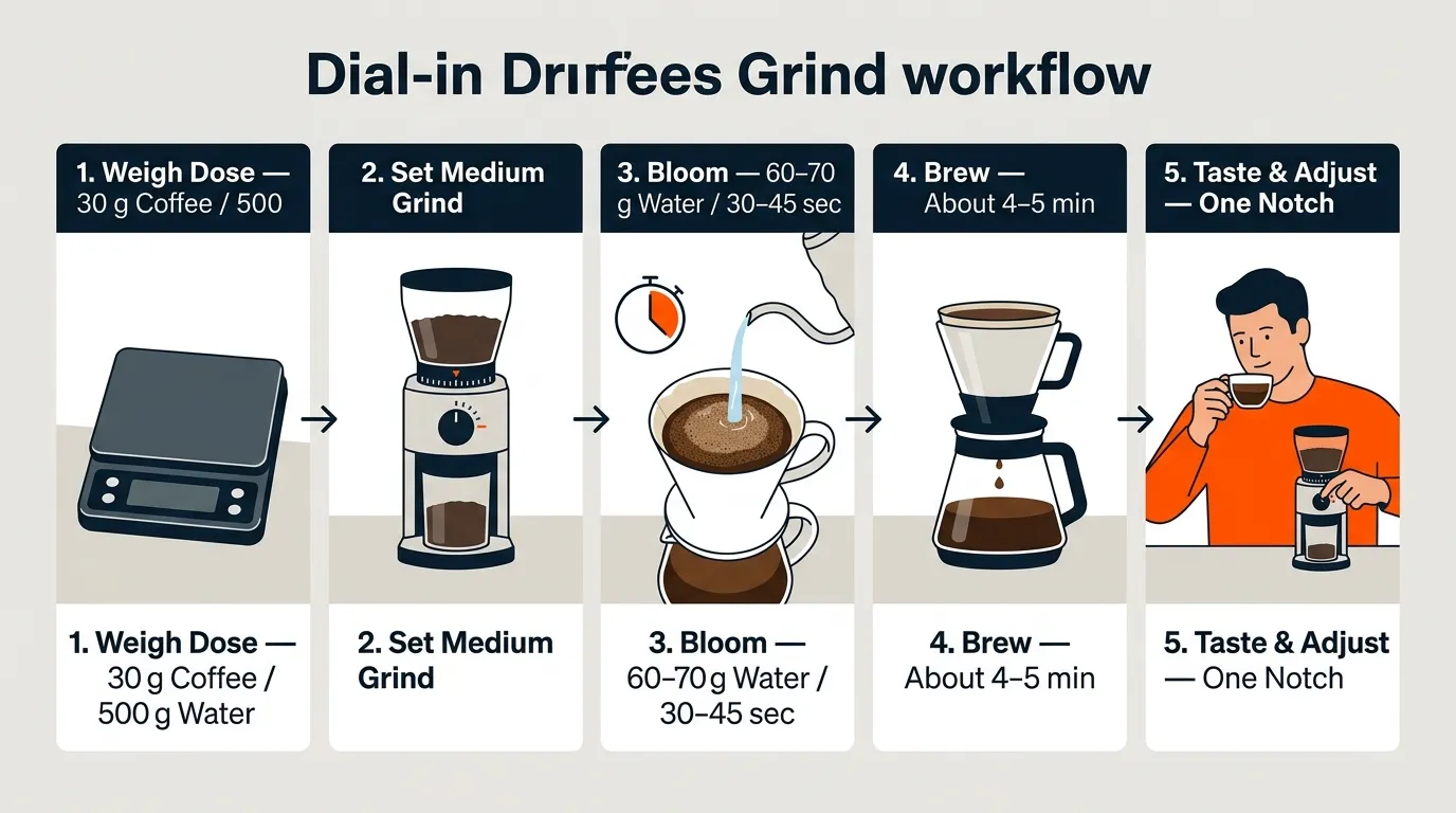 Step-by-step drip coffee setup showing coffee weighing, medium grinding, blooming, brewing, and tasting