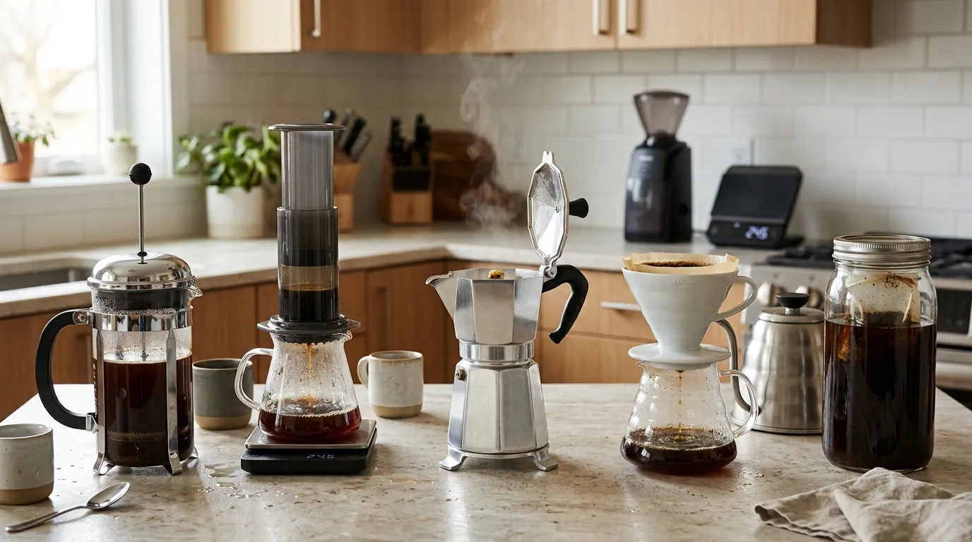 French press, AeroPress, moka pot, pour-over, and cold brew methods prepared for strong homemade coffee