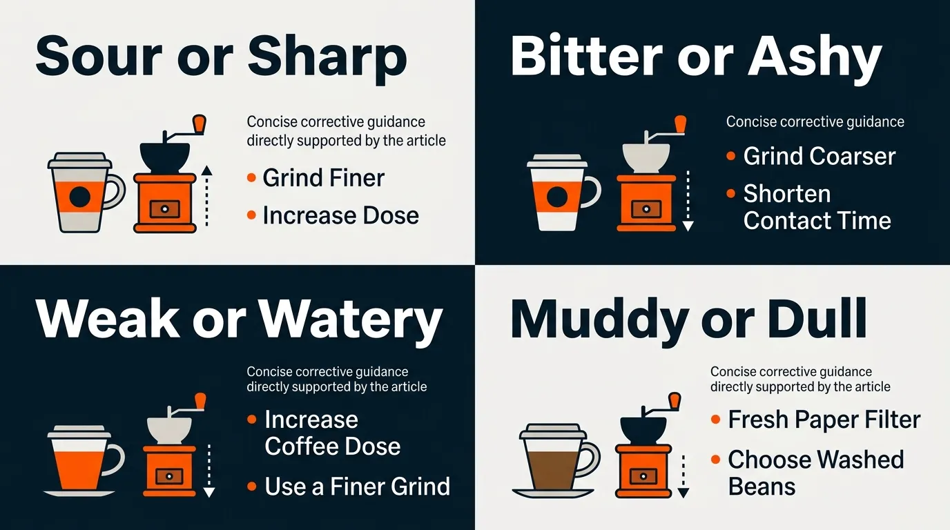 Four drip coffee cups illustrating sour, bitter, weak, and muddy brewing problems with grind adjustments