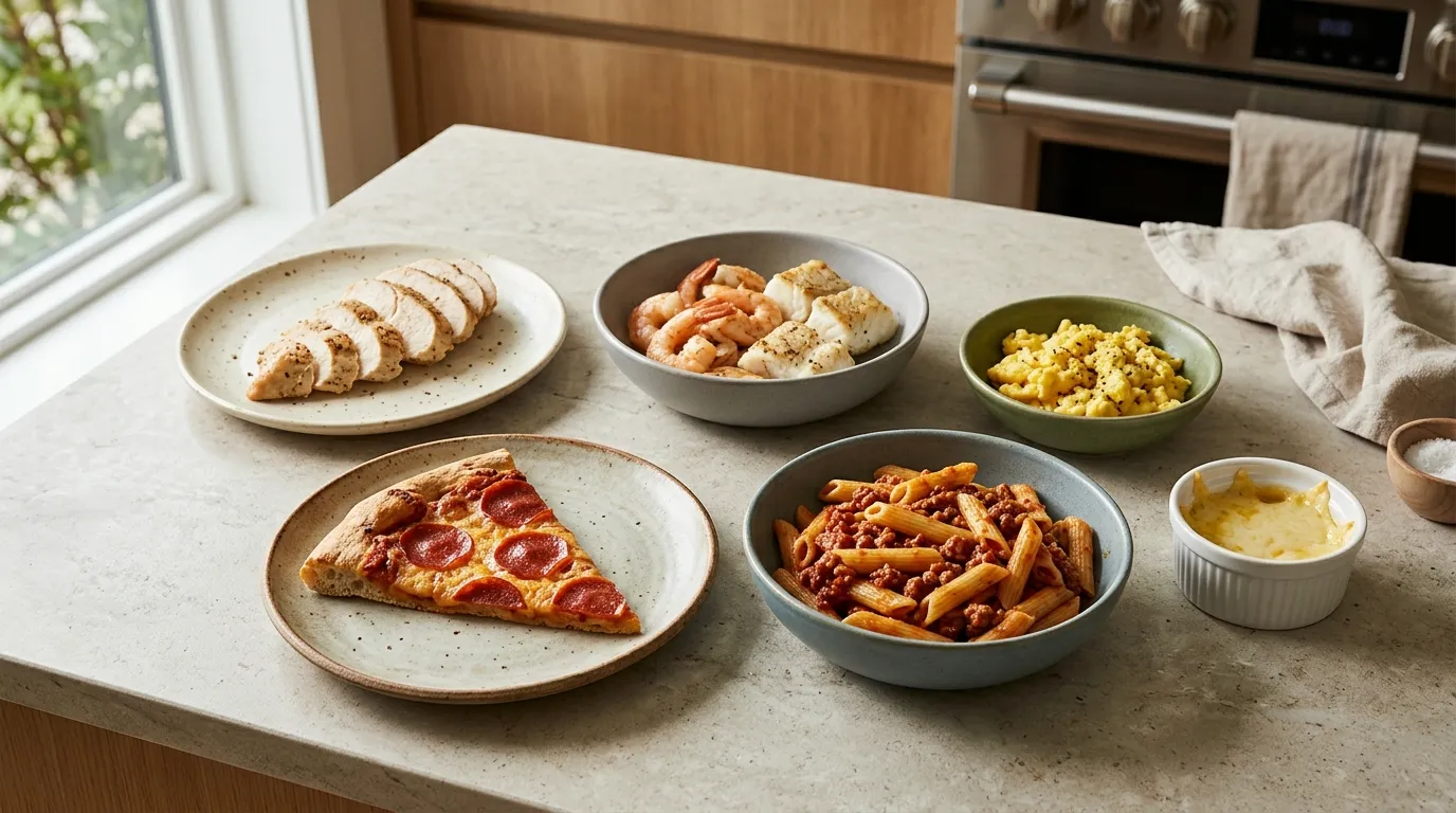 Chicken, shrimp, eggs, pizza, pasta, and cheese arranged as common foods prone to rubbery microwave texture