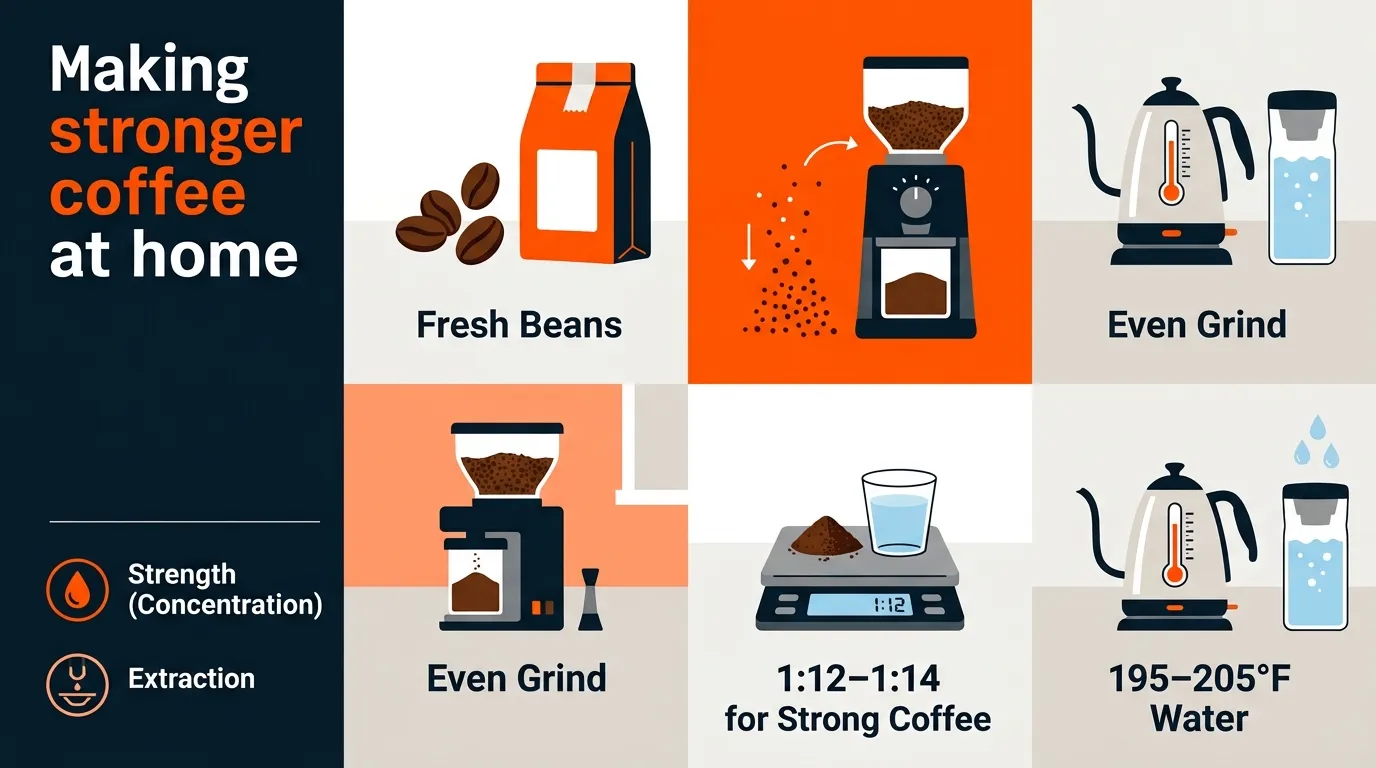 Coffee beans, burr grinder, measured coffee-to-water ratio, and hot filtered water representing the main brewing variables