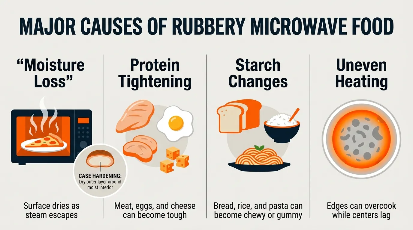 Editorial infographic showing moisture loss, protein tightening, starch changes, and uneven heating as causes of rubbery microwave food