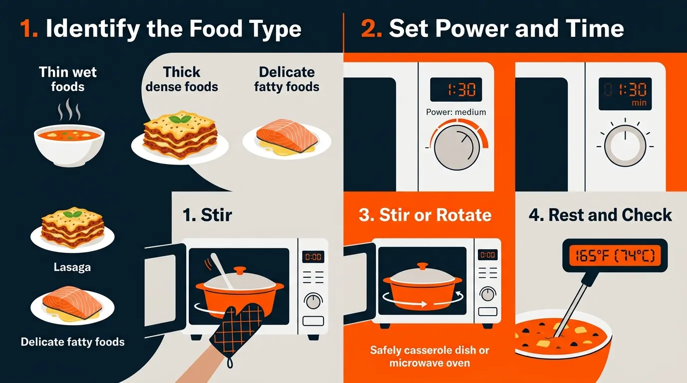 Four-step microwave cooking process showing power selection, short cooking, stirring, resting, and checking food