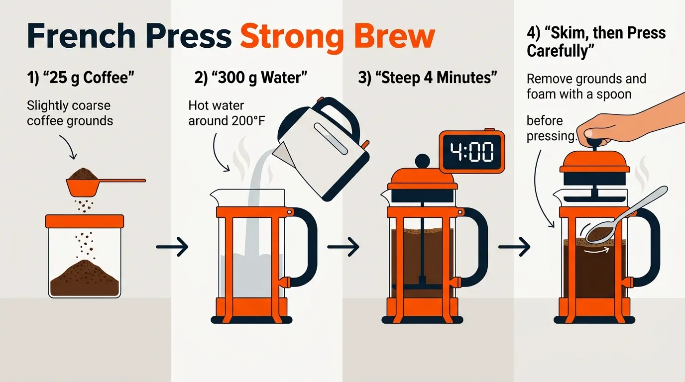 French press coffee being prepared with measured grounds, hot water, steeping, and controlled pressing