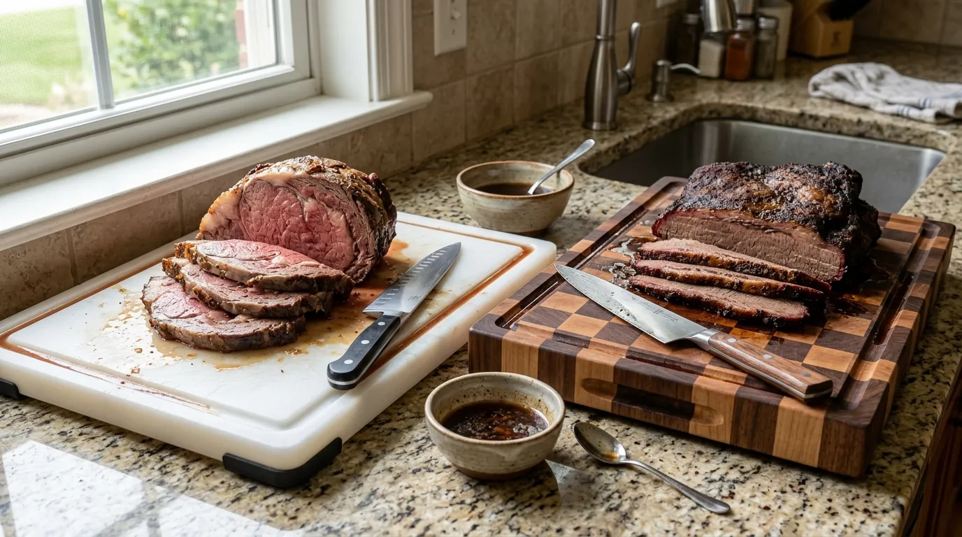 Grooved HDPE and end-grain cutting boards catching juices from carved roast meat