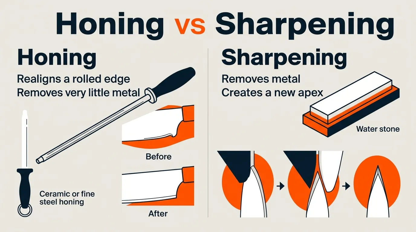 Comparison showing how honing realigns a knife edge while sharpening removes metal to create a new edge
