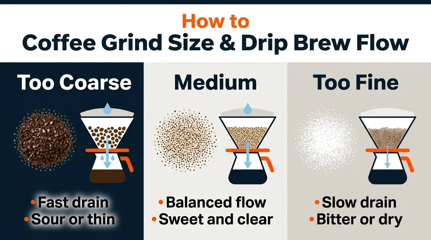 Comparison of coarse, medium, and fine coffee grinds showing different drip brew flow and flavor outcomes
