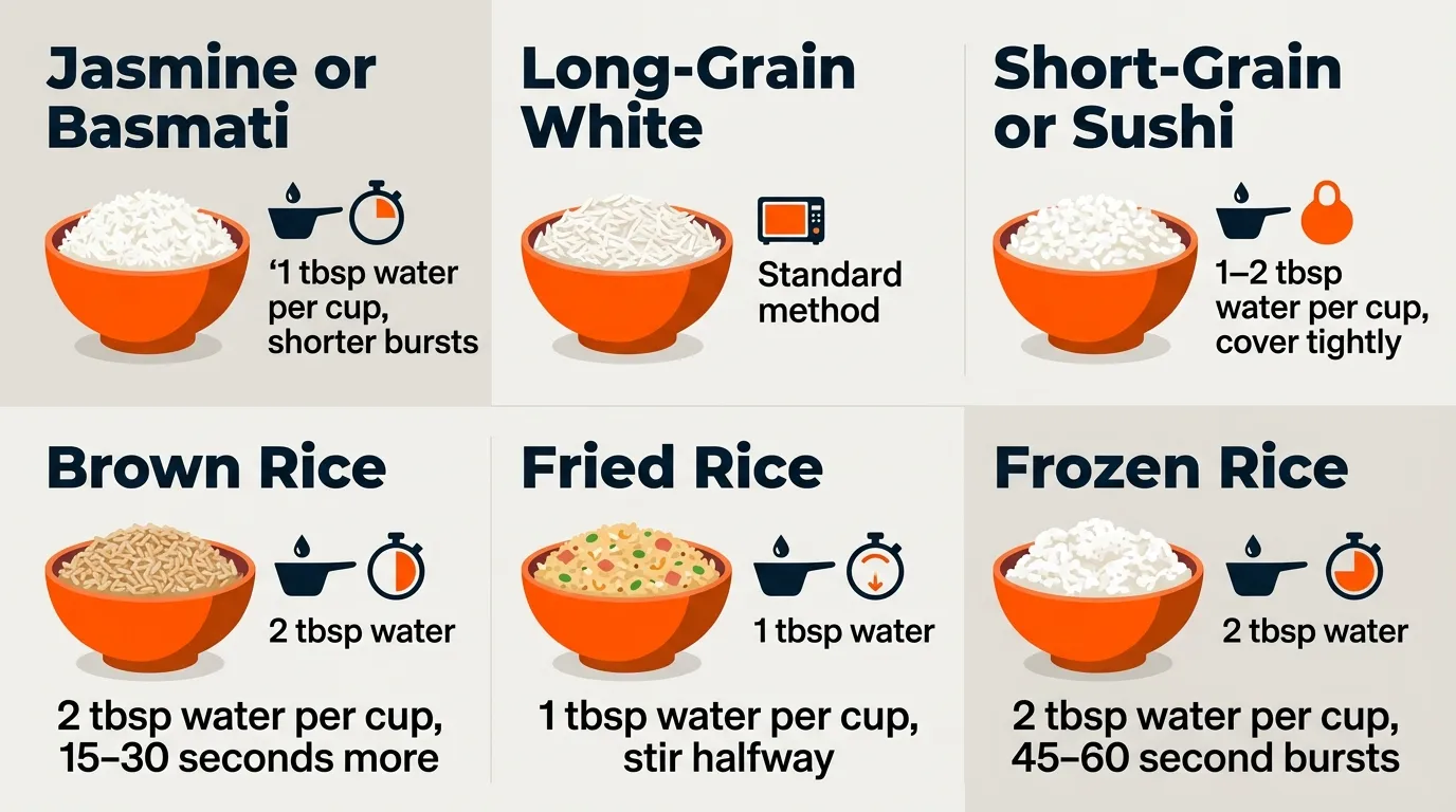 Different cooked rice varieties shown with varying moisture adjustments for microwave reheating