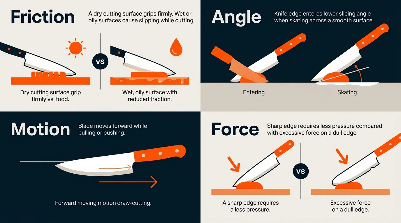 Illustrated comparison of knife friction, cutting angle, motion, and force during food preparation