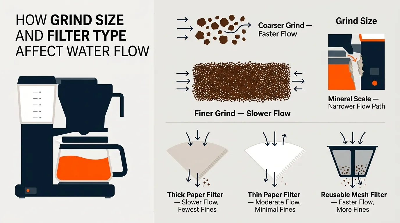 Coffee grounds and paper and mesh filters compared to show how grind size and filter resistance affect coffee maker flow