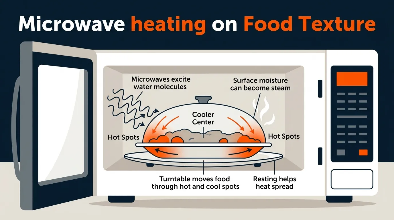 Microwave heating diagram showing energy entering food, surface heating, conduction, and uneven hot and cold areas