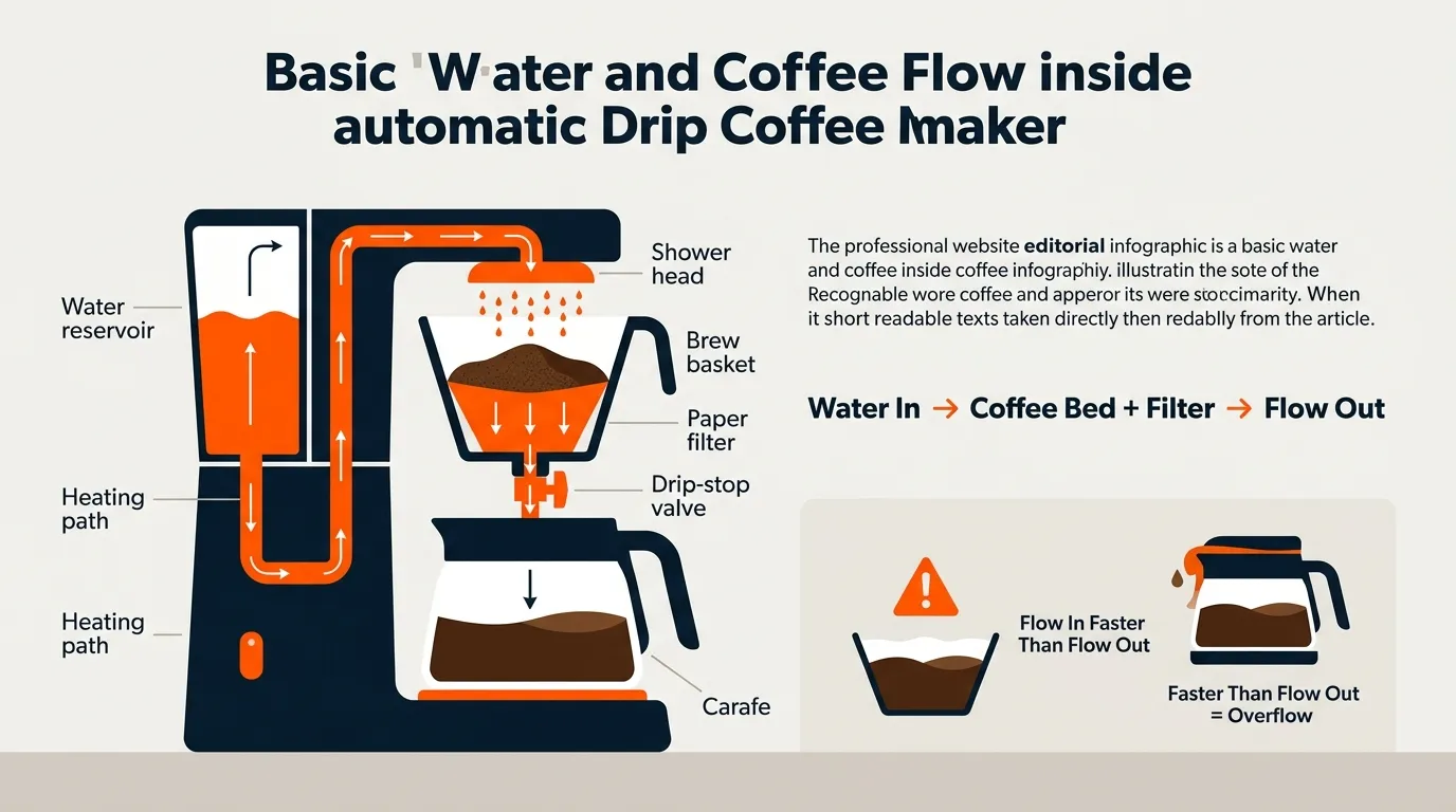 Editorial diagram showing water moving from the coffee maker reservoir through grounds and filter into the carafe