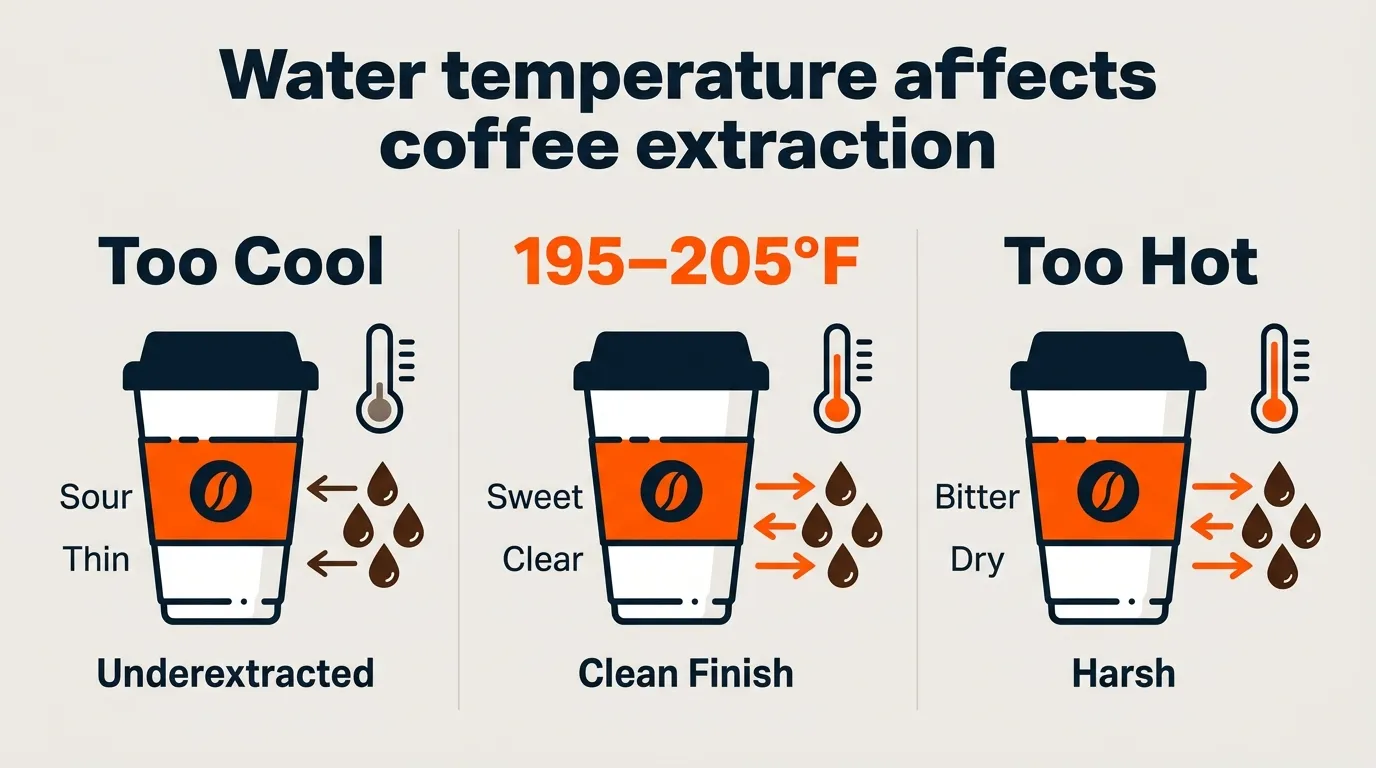 Coffee brewing comparison showing underextracted, balanced, and overextracted results at different water temperatures