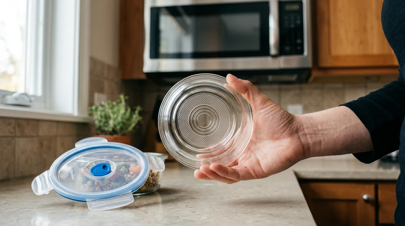 Microwave-safe container being checked for safety labeling, cracks, metal trim, and proper vented lid